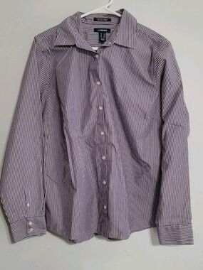 Lands End Womens Top Sz 14 Purple White Striped No Iron Button Down Shirt Blouse